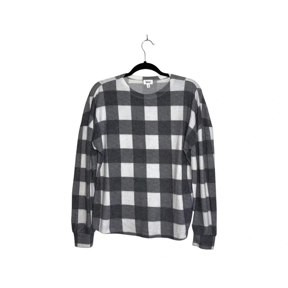 BKE Buckle Gray & White Buffalo Plaid Print Sherpa Pullover Top Medium Women’s